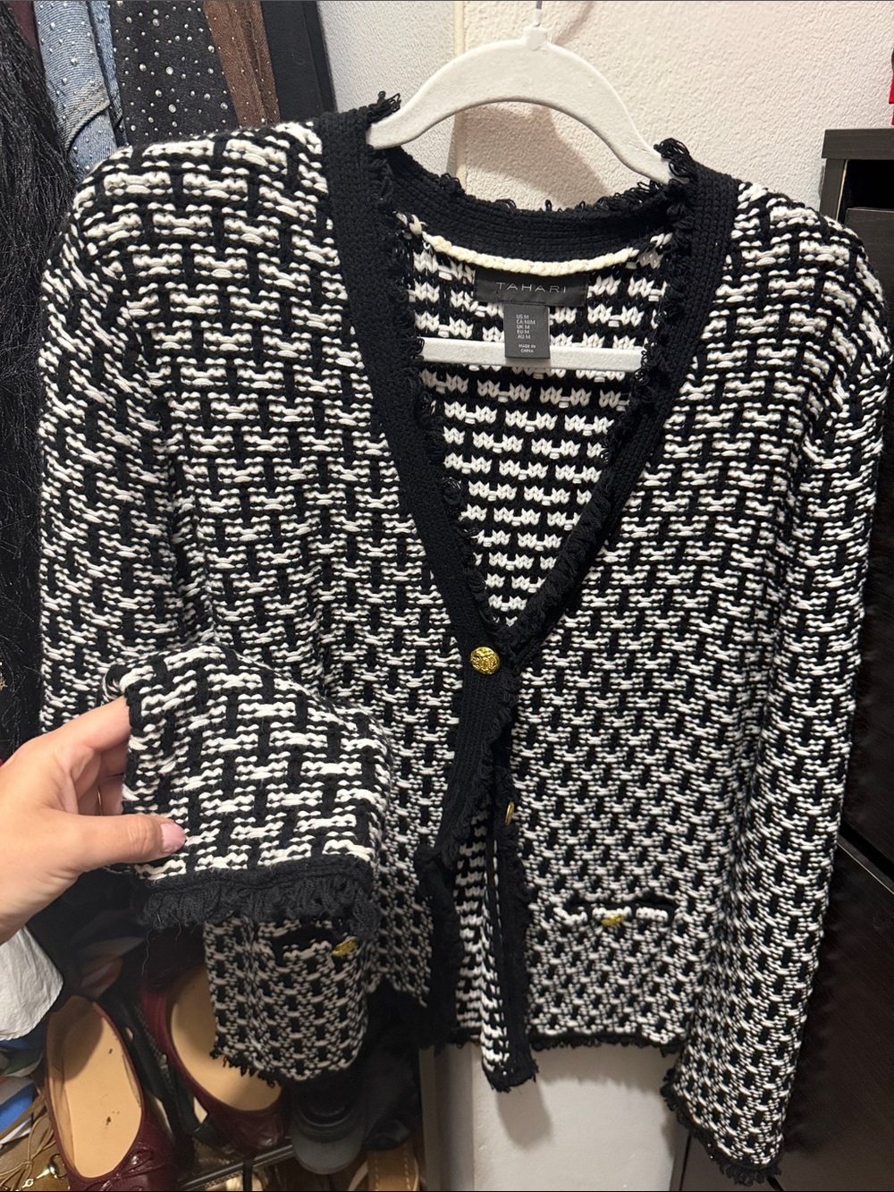 Tahari Black & White Tweed Fringe-Trim V-Neck Cardigan